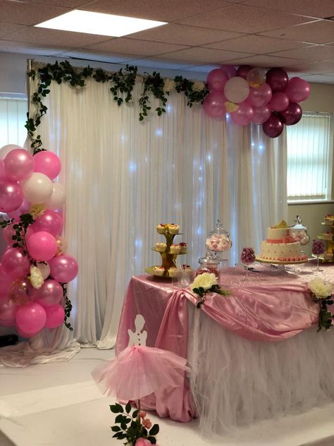 Curtain Backdrop With Balloons, Curtain Backdrops, Garland Backdrops, Pink Backdrop, Princess Theme Party, Princess Theme, Different Shades Of Pink, Baby Shower Inspiration, Twin Birthday