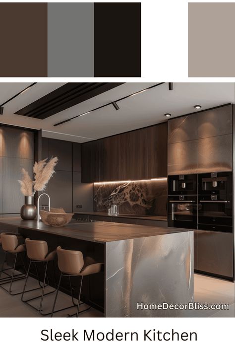 Modern Kitchen: Sleek Design with Dark Wood Cabinets and Metallic Accents Dark Brown Kitchen, Nordic Style Bedroom, Painted Interior Doors, Wall Color Combination, Brown Kitchen Cabinets, Modern Color Schemes, Dark Wood Cabinets, Brown Kitchen, Red Brick House