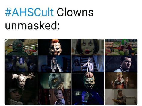 #AHSCult clowns unmasked. 🤡👺 Twist The Clown Ahs, Twist The Clown, Ahs Cult, Ahs Cast, Horror Movie Icons, The Clown, Horror Story, American Horror, American Horror Story