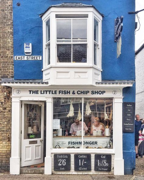 The blue and white facade of The Little Fish and Chip Shop is super cute. Serving the daily catch caught just down the road; you won't find… Fish And Chips Restaurant, British Fish And Chips, White Facade, Great British Food, British Shop, Fish N Chips, Fish And Chip Shop, East Street, Shop Fronts