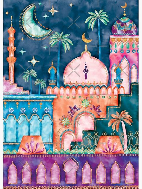 Ramadhan Art, Moroccan Art Painting, Morocco Landscape, Morocco Painting, Eid Theme, Arabian Design, Moroccan Painting, Morocco Architecture, Aladdin Art