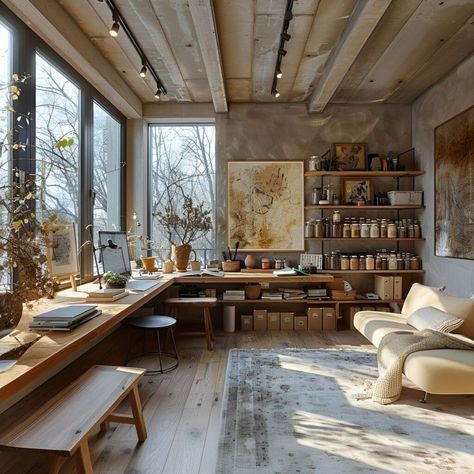 Shared Studio Space, Small Basement Art Studio, Art Table Diy, Art Rooms In House, Home Ceramic Studio Work Spaces, Home Office For Creatives, Art Studio With Couch, Library Art Studio, Home Studio Interior Design