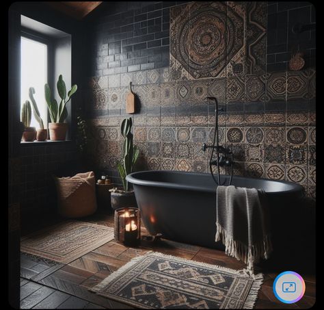 Dark Bohemian Bathroom, Black Witchy Bathroom, Boho Dark Bathroom, Dark Boho Bathroom, Night Bathroom, Plant Bathroom Aesthetic Dark, Gothic Ocean Bathroom, Small Luxury Bathroom, Earth House