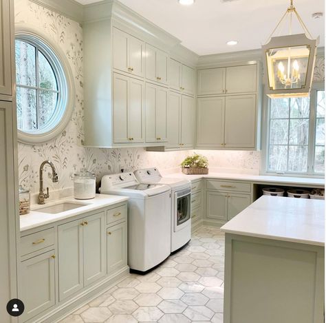 Laundry Room Tile, Dream Laundry Room, Mudroom Laundry Room, Laundry Room Renovation, Laundry Room Remodel, Laundry Room Inspiration, Room Tiles, Green Cabinets, Room Renovation