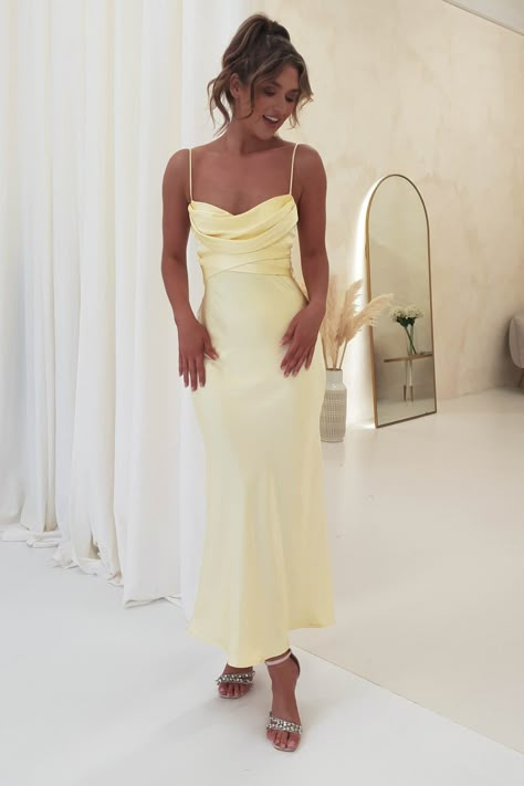 Everleigh Soft Satin Midi Dress | Butter Yellow Spring Satin Dresses, Satin Dress With Cowl Back, Long Yellow Dress Summer, Formal Dress Big Bust, Fall Midi Dress Wedding, Pastel Yellow Cocktail Dress, Hoco Dresses Midi, Midi Summer Wedding Guest Dress, Pale Yellow Long Dress