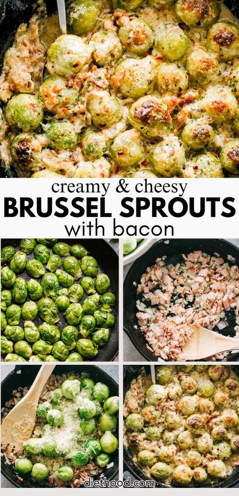 These creamy, cheesy Brussels sprouts with bacon are roasted to perfection and dressed to impress in a rich, garlicky Parmesan sauce. A great Thanksgiving side dish that’s as irresistible as it is easy to make! #thanksgiving Brussel Sprouts With Mushrooms, Butter Brussel Sprout Recipes, German Brussel Sprout Recipes, Best Brussel Sprout Recipe, Cheesy Brussels Sprouts, Creamy Brussels Sprouts, Sides Thanksgiving, Diethood Recipes, Brussels Sprouts Recipe With Bacon