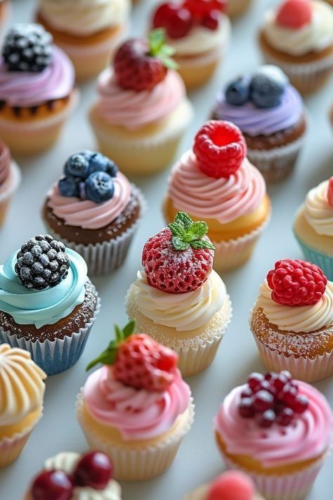 Cupcakes Decorated With Fruit, Fancy Mini Cupcakes, Berry Themed Cupcakes, Wedding Mini Cupcakes, Mini Cupcakes Wedding, Mini Cupcakes Decorating, Mini Cupcakes Ideas, Wildflower Cupcakes, Tiny Cupcakes