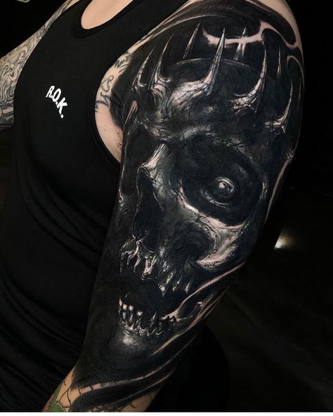 Dark Skull Cover Up Tattoo, Darkside Tattoo, Body Modification Piercings, Black Tattoo Cover Up, Evil Tattoos, Scary Tattoos, Up Tattoo, Chest Piece Tattoos, Creepy Tattoos