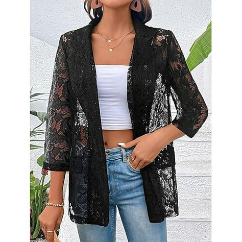 Season:Spring,Fall; Fabric:Polyester; Sleeve Length:Long Sleeve; Gender:Women's; Style:Stylish; Elasticity:Inelastic; Occasion:Dailywear; Pattern:Solid Color; Design:Lace; Front page:FF; Listing Date:07/15/2024 Women Blazers, Fall Outerwear, Casual Kimono, Lace Blazer, Short Sleeve Jacket, Lace Jacket, Lace Cardigan, Summer Fabrics, Casual Lace