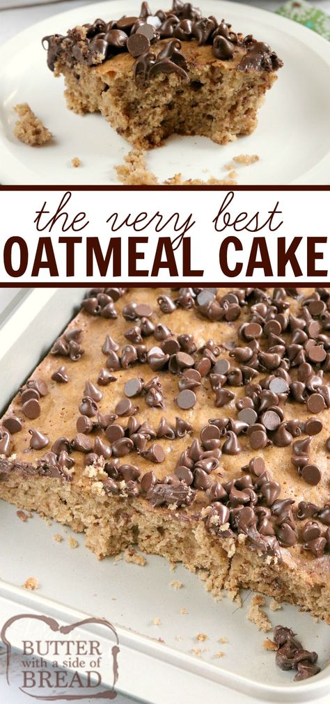 Oatmeal Cake recipe that is moist, full of oats and easily topped with chocolate chips. This easy cake recipe is made with simple ingredients that yield such a delicious cake, you don't even need frosting! Oat Cake Recipes, Oatmeal How To Make, Easy Cake Recipe, Oatmeal Cake, Chocolate Chip Cake, Oat Cakes, Best Oatmeal, Delicious Cake Recipes, Healthy Cake