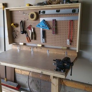 Wall Table Ideas, Fold Down Work Bench, Folding Wall Table, Garage Workbench Ideas, Workbench Stool, Tool Shelf, Workbench Organization, Wall Mounted Folding Table, Workbench Ideas