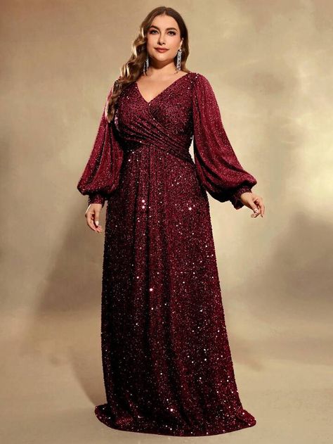 SHEIN LUNE Plus Size Lantern Sleeve Sequin Formal Dress | SHEIN USA Long Gown Dress Party Wear Western For Plus Size, Plus Size Gowns Indian, Long Gown Dress Party Wear Western, Gown For Plus Size Women, Long Gown Dress Party Wear, Indian Wedding Guest Dress, Gown Dress Party Wear, Katie Sturino, Types Of Gowns