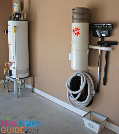 A home central vacuum system installed in the garage. photo by Lynnette at TheFunTimesGuide.com In House Vacuum System, Home Vacuum System, Garage Vacuum System Diy, Garage Vacuum System, House Vacuum System, Garage Vacuums, Vacuum Cleaner Storage, Central Vacuum System, Portable Vacuum Cleaner