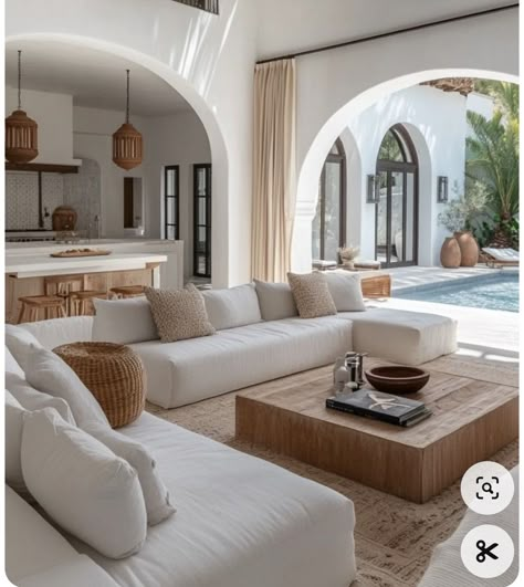 White Mediterranean House Interiors, Open Concept Kitchen Living Room Outdoor, Marocco Interior Design Modern, Ideal House Modern, Large Minimalist Living Room, Modern Moroccan Kitchen Design, Mediterranean Villa Living Room, Mykonos Style Home, Living Room With One Window