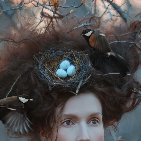 Anya Anti🇺🇦 on Instagram: "Nesting 🕊 Model @melanierosebud Hair @jessefox21hair Earlier this year Jesse approached me with a desire to create something together and offered to style the hair for the shoot. I was thrilled and immediately agreed because it had been far too long since I last did any creative project, and I was in a creative slump. The idea of incorporating a bird's nest into the hair came to me instantly. I’ve had this idea for a while but was uncertain about how to bring it to Underground Kingdom, Realistic Photography, Bird Nest Hair, Photography References, Tea Hats, A Wrinkle In Time, Photographer Inspiration, Photoshoot Concept, Basket Design