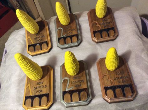 Cornhole trophies Corn Hole Trophy Diy, Cornhole Trophy Diy, Cornhole Tournament Ideas, Homemade Trophies, Ffa Week, Funny Trophies, Party Games Group, Games Group, Trophy Ideas