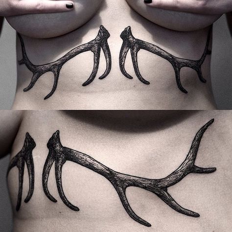 #blackworkerssubmission #btattooing #blacktattooart #blacktattoomag Horns Chest Tattoo, Elk Horn Tattoo, Horns Tattoo, Horn Tattoo, Antler Tattoos, Elk Tattoo, Antler Tattoo, Katowice Poland, Underboob Tattoo