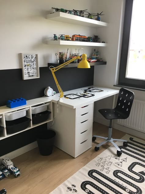 Big Boy Room With Desk, Boys Bedroom Lego Desk, Boys Desks In Bedroom, Kids Desk Area In Bedroom Boys, Desk In Boys Room, Boy Desk Ideas, 6 Year Boy Room Ideas, Boys Bedroom With Desk, Boys Room Desk Ideas