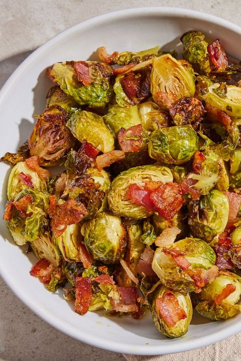 Maple Roasted Brussels Sprouts with Bacon Balsamic Reduction Recipe, Magnolia Table Recipes, Brussel Sprouts With Bacon, Joanna Gaines Recipes, Brussels Sprouts With Bacon, Balsamic Reduction, Sprouts With Bacon, Holiday Side Dishes, Maple Bacon