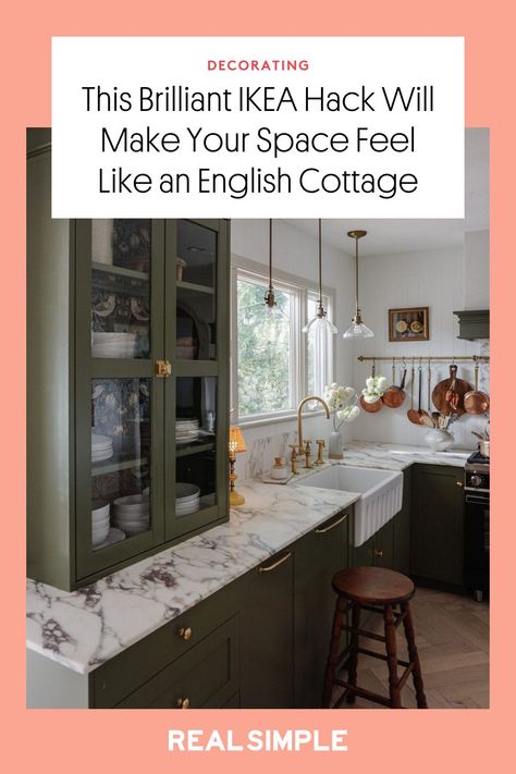 To infuse her kitchen with cottagecore style, one designer started from scratch then added an English cottage-inspired IKEA hack and trendy sage green paint. Here's how to borrow the look without a reno. #ikea #kitchn #homedecor #homedesign #englishcottage English Kitchen Design, Traditional English Kitchen, Inside Kitchen Cabinets, Cottagecore Kitchen, Sage Green Paint, Sage Green Kitchen, Long Room, Herringbone Wood Floor, English Kitchen