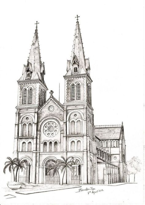 Gothic Architecture Drawing Sketch, Gothic Architecture Drawing, Sketches Architecture, Illustration For Kids, Vietnam Art, Building Sketch, Nature Art Drawings, Building Drawing, Architecture Sketchbook