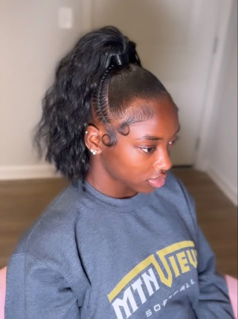 Sleek High Ponytail Short Hair, High Ponytail With Rhinestones, Two Braids Going Into A Ponytail, Quick Braid Ponytail, Poofy Ponytail Hairstyles, High Ponytail With Two Strands Out, Braid Into Ponytail Hairstyles, Curly Ponytail With Braid, High Ponytail Hairstyles For Black Women Weave Curly