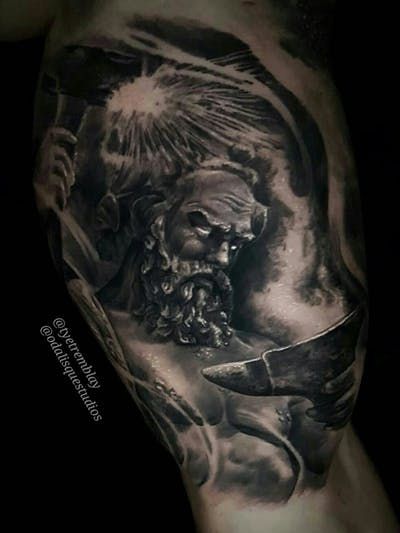 Tattoo uploaded by Odalisque Studios | #hephaestus #greekmythology #blacksmith #blackandgrey #realism | 736275 | Tattoodo Blacksmith Tattoo, Mythical Tattoos, Black And Grey Realism, Greek God Tattoo, Artemis Goddess, God Tattoo, Full Leg Tattoos, Statue Tattoo, Greek Mythology Gods