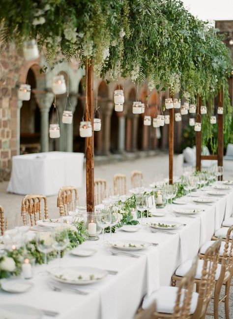 candles hanging from a centerpiece Garland Wedding Decor, Rustic Wedding Decorations, Chateau Wedding, Garland Wedding, Long Table, Wedding Tablescapes, Garland Decor, Wedding Candles, Greenery Wedding