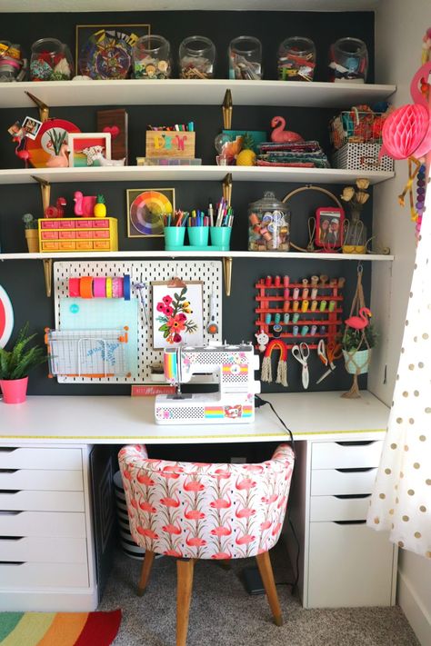 Craft Room tour - A girl and a glue gun Retro Craft Room, Funky Craft Room, Craft Room Wallpaper, Teen Art Room, Craft Room Aesthetic, Craft Room Desk, Pinterest Craft, Nooks And Crannies, Room Organisation