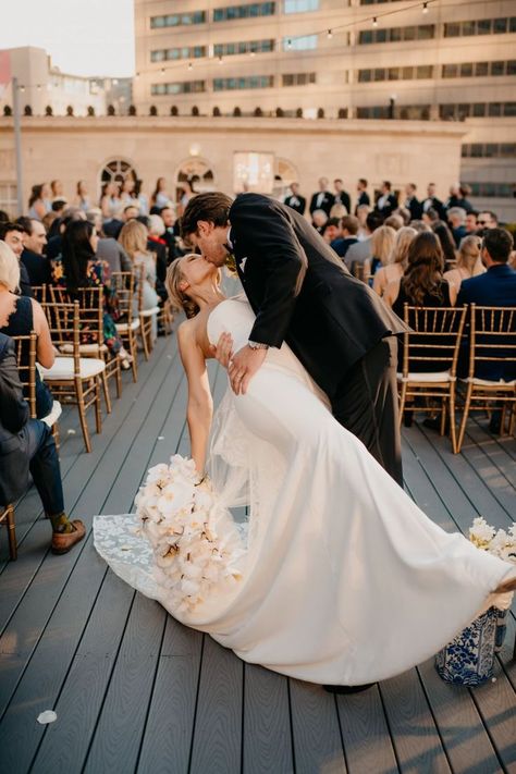 North Texas couple kissing after walking down the aisle at their wedding ceremony Chinoiserie Wedding Decor, Cinema Story, Chinoiserie Wedding, Wedding Photo List, Wedding Portrait Poses, Wedding Details Photography, Wedding Ceremony Photos, Rooftop Wedding, Wedding Kiss