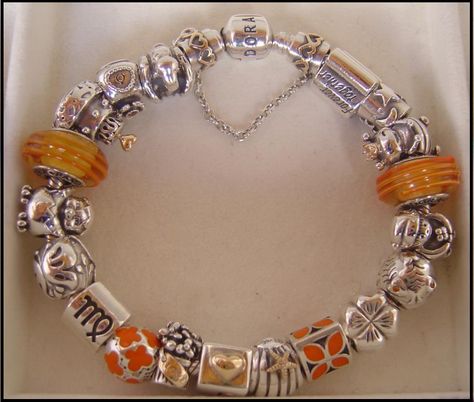 orange & two-tone :) Orange Pandora Bracelet, Pandora Bracelet Charms Ideas, Bracelets Pandora, Pandora Bracelet Designs, Orange Bracelet, Customizable Jewelry, Bracelet Charms, Pandora Bracelet Charms, Pandora Charm