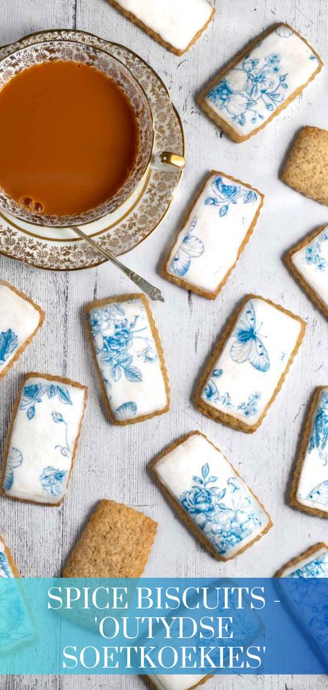 Spice biscuits, or soetkoekies, scattered across a white table with a cup of tea on the side. Spiced Biscuits Recipe, African Cookies Recipes, South African Cookies, South African Recipes Traditional, Savoury Crackers, Savoury Biscuits, Rooibos Tea, South African Recipes, Great British Bake Off