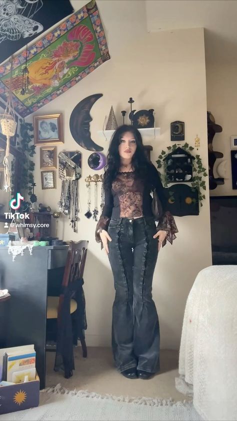 #Fashion_Outfits #Fashion #Fashion_Inspo_Outfits #Fashion_Killa #Fashion_Icon_Dress_To_Impress #Fashion_Designer_Dress_To_Impress 90s Fashion Whimsigoth, Chill Halloween Outfits, Witchy Jeans Outfit, Whimsy Goth Fall Outfits, Whimsy Goth Winter Outfit, Vintage Whimsigoth Fashion, Whimsigoth Diy Clothes, Moon Core Outfits, Fall Outfits Whimsigoth