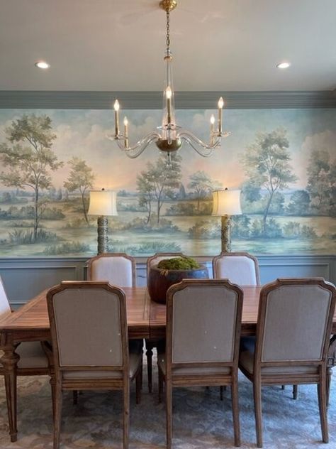 A Place To Gather: Dining Room Murals | Susan Harter Muralpapers Scenic Wallpaper Dining Room, Dining Room Half Wall Wallpaper, Small Dining Room Wallpaper, Dining Room Mural Wallpaper, Wallpaper For Dining Room Accent Walls, Dining Room Wallpaper Accent Wall, Mural Wallpaper Dining Room, Dining Room Wall Mural, Mural Dining Room