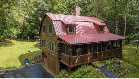 1976 Log Home For Sale W/Garage on 5.7 Private wooded Acres New Hampshire $389,900 - Country Life Dreams Log Homes For Sale, Life Dreams, Cathedral Ceiling, Log Home, Screened In Porch, Cabin Homes, Large Living Room, Log Homes, Property Listing