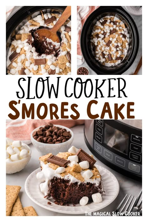 Put a fun twist on campfire smores with this s'mores cake recipe. You'll use a box of moist chocolate cake mix, chocolate chips, marshmallow fluff cream topping, and all the fixings of the delicious treat we all like to enjoy. Slowcooker Dessert, Smore Cake, Slow Cooker Cake, Crockpot Cake, Crockpot Desserts, Summer Crockpot, Future Chef, The Magical Slow Cooker, Smores Cake