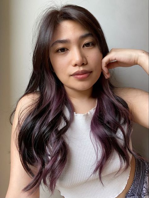 peek-a-boo haircolor violet Mauve Peekaboo Hair, Peak A Boo Balayage, Peek A Boo Lavender Hair, Peekaboo Hair Lavender, Brown Hair With Peak A Boo Color, Purple Pickaboo Hair, Lavender Hair Peekaboo, Violet Peekaboo Hair, Peek A Boo Highlights Brunette