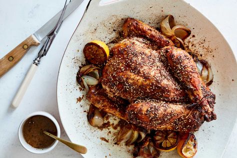 Roast Chicken With Lemon and Za’atar Recipe Chicken Benefits, Zaatar Recipe, Spiced Zucchini, Chag Sameach, Roasted Shallots, Food Savory, Chicken With Lemon, Garlic Marinade, Food Asian