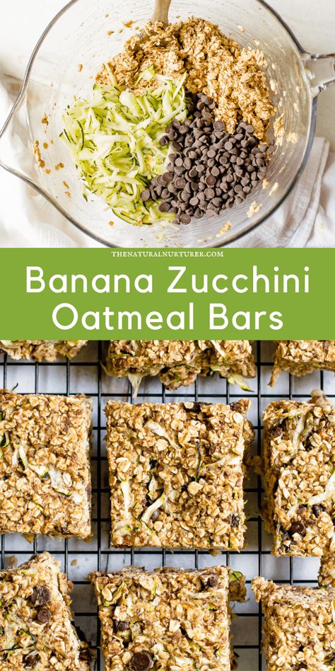 These Banana Zucchini Oatmeal Bars are the perfect meal prep for breakfast or a healthy grab-and-go snack. Made with oats and flax, they are loaded with a cup of grated zucchini and naturally sweetened with banana and maple syrup. A few optional chocolate chips make these zucchini bars extra enticing to eaters of all ages! Meal Prep For Breakfast, Banana Oatmeal Bars, Zucchini Bars, Natural Nurturer, Zucchini Oatmeal, Banana Zucchini, Zucchini Banana, Grated Zucchini, Family Restaurant