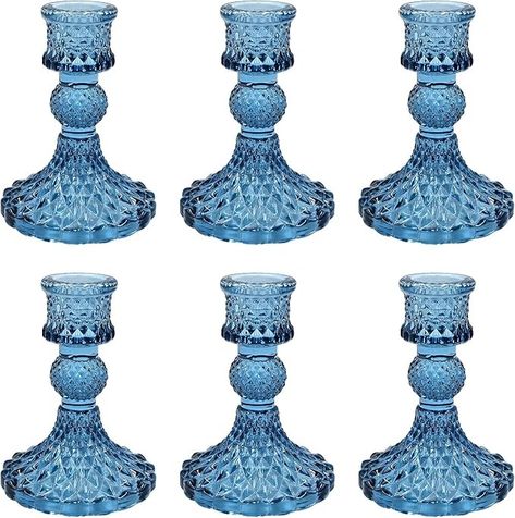 Amazon.com: Showin Glass Candlestick Holders Set of 6, Blue Crystal Taper Candle Holders for Table Centerpiece, Home Decorations, Valentine Day, Wedding and Party : Home & Kitchen Indigo Blue Wedding, Blue Bridal Shower Decorations, Blue Pillar Candles, Chinoiserie Wedding, Blue Table Settings, Blue Candle Holders, Classic Taper, Blue Centerpieces, Centerpiece Home