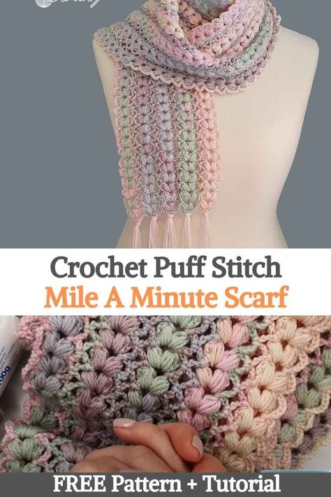 Learn how to make a beautiful Puff Stitch Mile-A-Minute crochet scarf. This is an incredibly soft and fluffy scarf that looks dainty and lacy - definitely a gimmick! This is definitely one of those patterns that looks complicated but is very simple, are you looking for something different? Then this pattern is the only one for you 😀 The terms of the pattern are US and they are really easy to follow even for beginners. Customize your scarf and get to work, you will love the result! Crochet Seasonal, Diy Crochet Scarf, Winter Scarf Pattern, Crocheted Scarfs, Crochet Puff Stitch, Crochet Lace Scarf Pattern, Fluffy Scarf, Crochet Scarf For Beginners, Crochet Lace Scarf