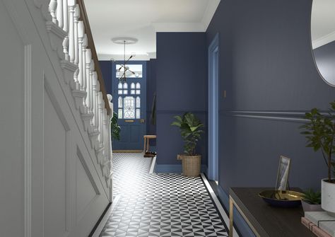 Navy Staircase, Navy Stairs, Blue Hallways, Dark Blue Hallway, Navy Hallway, Hall Colours, Light Teal Paint, Dulux Heritage Colours, Hallway Wall Colors