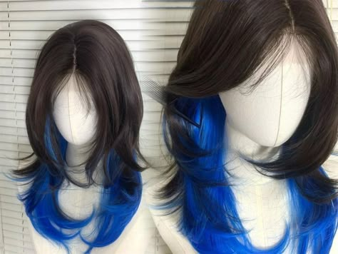 Blue Mullet, Blue Hair Streaks, Blue Hair Dark, Hair Stripes, Mullet Wig, Blue Black Hair, Light Blue Hair, Peekaboo Hair, Natural Wigs