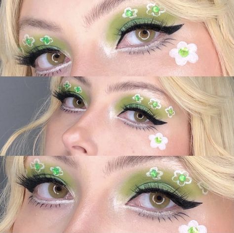 Spring Theme Makeup, Flower Eyeshadow Looks, Green Flower Makeup, Green Aesthetic Makeup, Floral Makeup Looks, Flower Power Makeup, Flower Makeup Looks, Spring Eyeshadow Looks, Clover Makeup