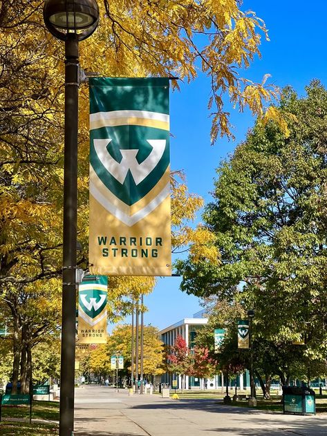 A Warrior Strong sign in front of the yellow fall trees on campus. Wayne State University, Wayne State, College Aesthetic, Dream College, Higher Learning, School Tops, Photo Of The Day, College Life, State University