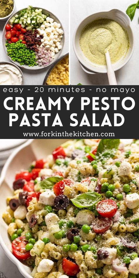 Creamy Pesto Pasta Salad (without Mayo) Pasta Salad Without Mayo, Creamy Pesto Pasta Salad, Cold Pesto Pasta Salad, Pesto Salad Recipes, Vegetarian Grilling Recipes, Creamy Pasta Salad, Crunchy Veggies, Creamy Pesto Pasta, Creamy Pasta Salads