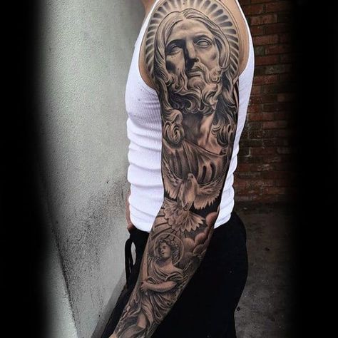 Top 101 Religious Tattoo Ideas – [2020 Inspiration Guide] Religious Tattoos For Men, Religious Tattoo Sleeves, Religous Tattoo, Spiritual Icons, Tattoo Male, Tato Salib, Christian Sleeve Tattoo, Mens Shoulder Tattoo, Religious Tattoo