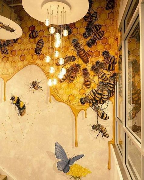 Bee Window Display, Glamping Village, Honeycomb Art, Honey Cafe, Bee Room, Honey Store, Bee Houses, Butterfly Mosaic, Bee Book