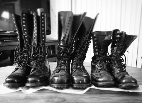 Looks like I'll never outgrow combat boots. Got my first pair (far right, Corcoran Jump Boots) in December 1996, then the middle pair (Underground Shoes UK) in spring 1997. They've served me well but I've always coveted Fluevogs. Welcome to the boot family, #vog_zachary! . . . . @fluevog #vog_7thheaven #Fluevogs #fluevogzachary #undergroundshoesuk #undergroundshoes #corcoran #corcorancombatboots #corcoranjumpboots #combatboots Corcoran Jump Boots, Dark Sneakers, Jump Boots, Skinhead Boots, Underground Shoes, Military Combat Boots, Fluevog Shoes, Hot Boots, Men’s Boots