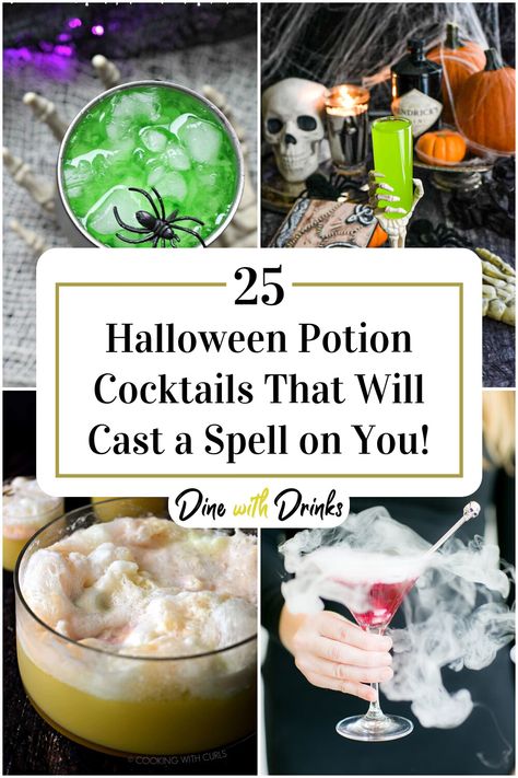 Collage of 4 halloween potion cocktails. Potion Cocktails, Recipes For Halloween, Halloween Alcohol, Mason Jar Cocktails, Halloween Drinks Alcohol, Halloween Potion, Witch Potion, Halloween Potions, Floral Cocktails